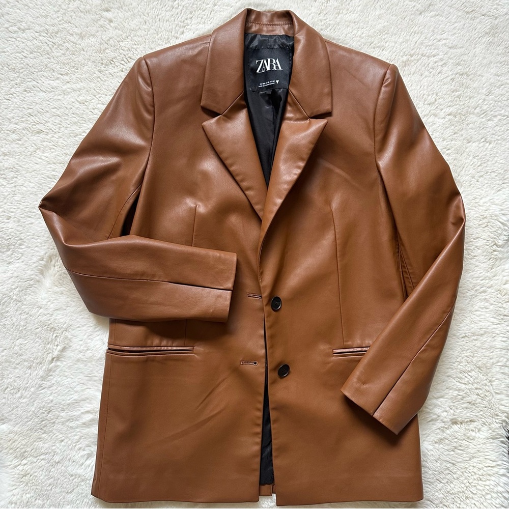 Zara Caramel Faux Leather Blazer Oversized Size XS